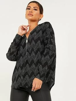 Image of Quiz Black Knitted Abstract Zip Front Top - 8