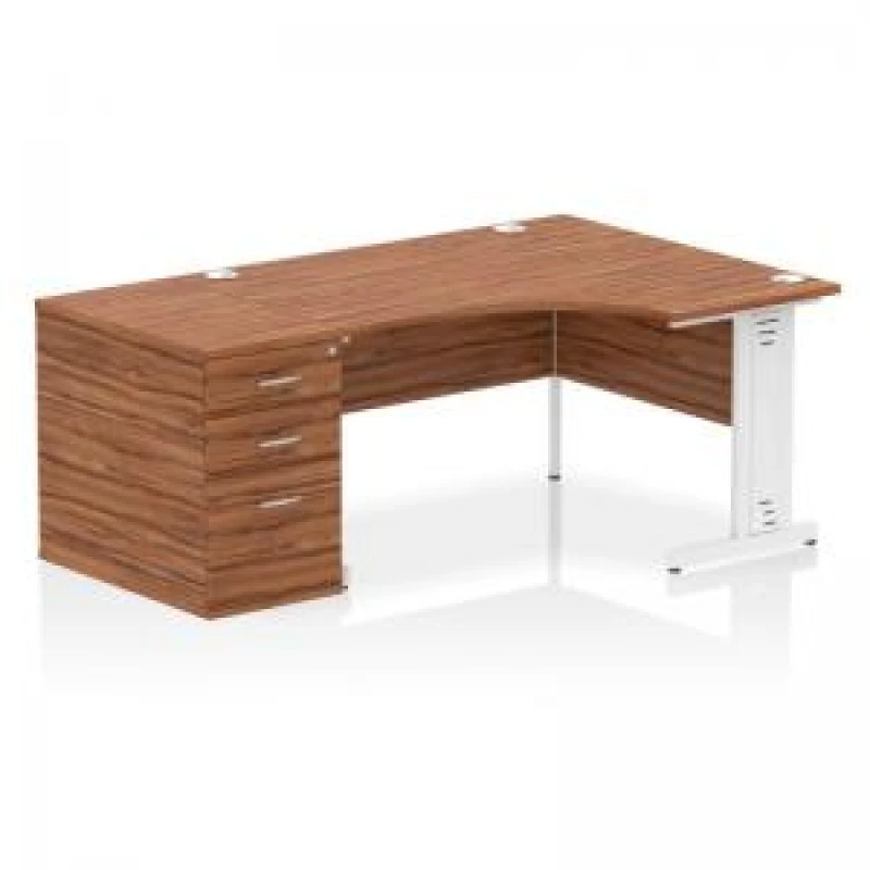 Image of Impulse Impulse 1400mm Right Crescent Office Desk Walnut Top White Cable Managed Leg Workstation 800 Deep Desk High Pedestal IWSRW148WWNT