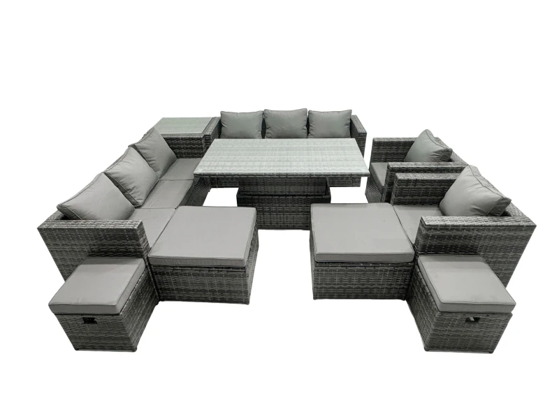 Image of Fimous Rattan Dining Table Sofa Set with Side Table 4 Stools Outdoor 12 Seat in Dark Grey Dark Grey Unisex