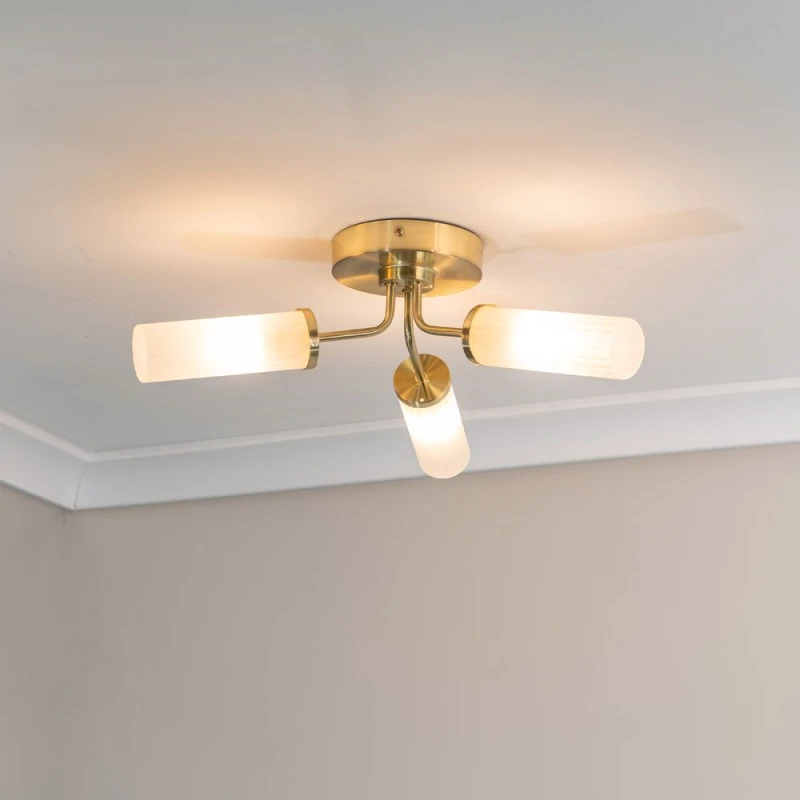 Image of ValueLights Canya 3 Way IP44 Bathroom Frosted Reed Glass Flush Ceiling Light with LED Bulbs in Gold Gold Unisex