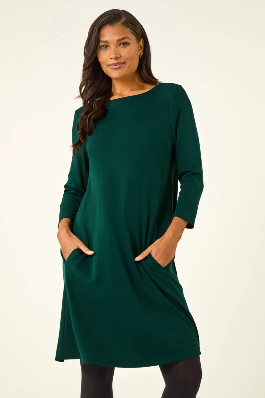 Image of Roman Womens A-Line Pocket Detail Swing Dress in Bottle Green Size: 18 Bottle Green Female 18