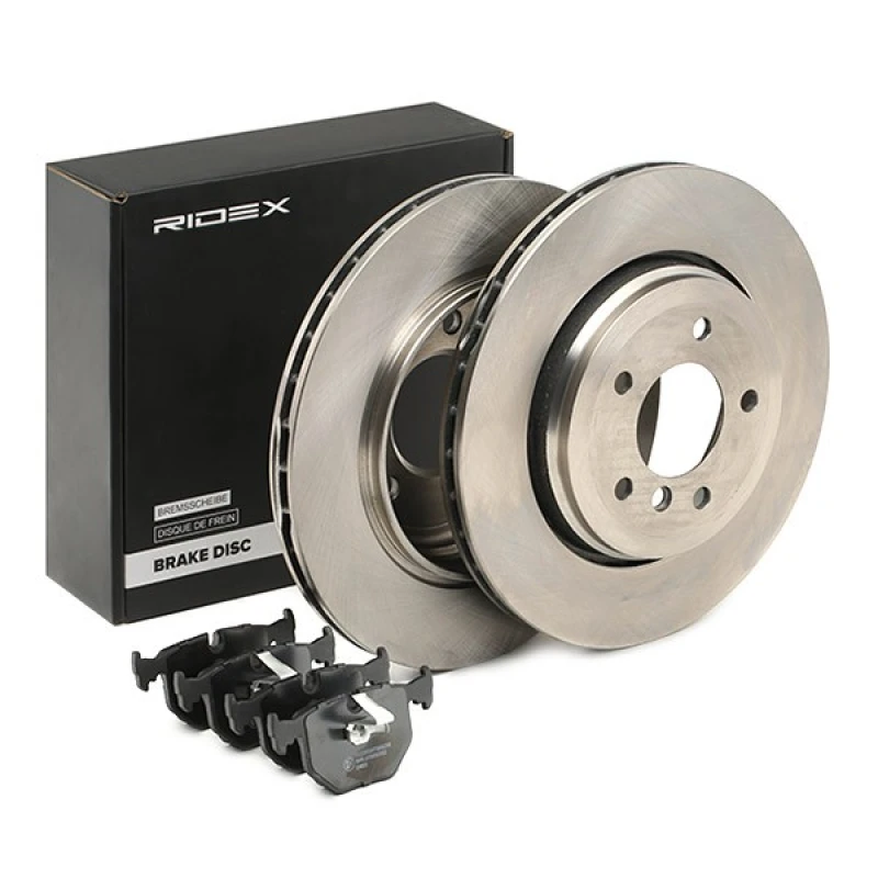 Image of RIDEX 3405B0976 Brake disc and pads set Rear Axle, Brake Disc Type: Vented, prepared for wear warning indicator, with anti-squeak plate Brake Set,dis