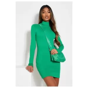 Image of I Saw It First Cotton Rib Long Sleeve Roll Neck Mini Dress - Green