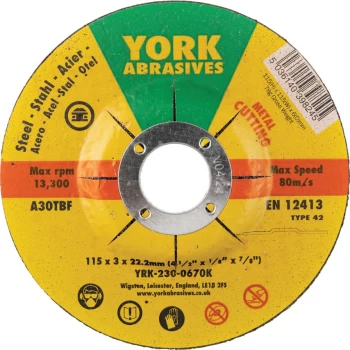 Image of 115X3X22.23MM A30TBF DPC Reinforced Cutting Discs - Type 42