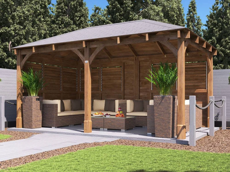 Image of Dunster House Wooden Gazebo Kit Louvre Wall 5M X 3M With Roof Shingles Leviathan