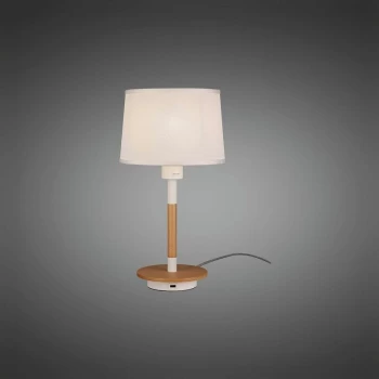 Image of Table Lamp Nordica II with USB Socket, 1x23W E27, white / beech with white shade