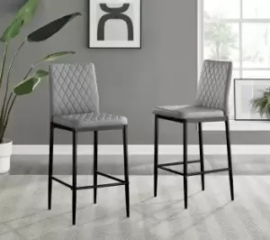 image of Set of 2 Milan Black Hatched Faux Leather Padded Bar Stools With Black Metal Legs