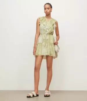 Image of AllSaints Womens Womens Animal Print Ali Noche Mini Dress, Green and White, Size: 12, Green/White