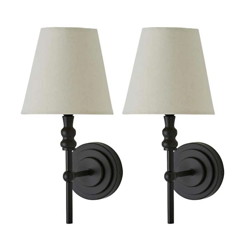 Image of ValueLights ValueLights Maggie Pair of Wall Lights with Linen Tapered Lamp Shades and Bulbs in Black One Size Unisex 5059406069529