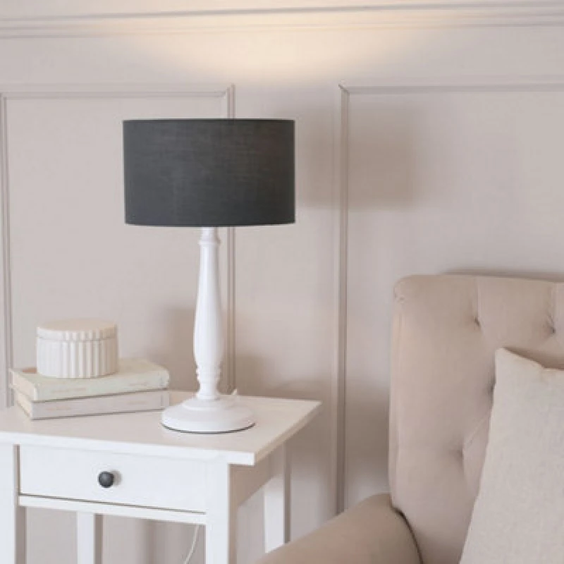 Image of ValueLights Victoria White Wood Traditional Table Lamp with Fabric Drum Shade and LED Bulb Charcoal