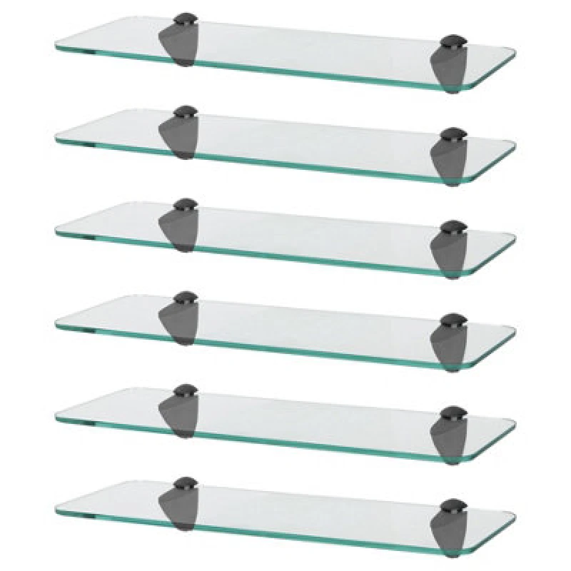 Image of Harbour Housewares 6X Rounded Floating Glass Shelves - 40Cm - Black Brackets - Bathroom Shower Storage Vanity Display Unit Shelf