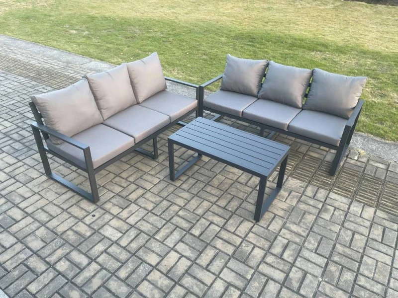Image of Fimous Aluminium 3 Pieces Outdoor Garden Furniture Lounge Sofa Set with Oblong Coffee Table Dark Grey Dark Grey Unisex