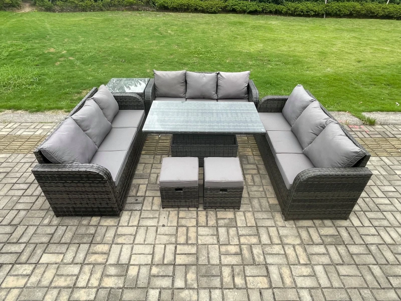 Image of Fimous Patio Garden Dining Set Outdoor Rattan Furniture Lounge Sofa Height Adjustable Rising lifting Table Dark Grey unisex