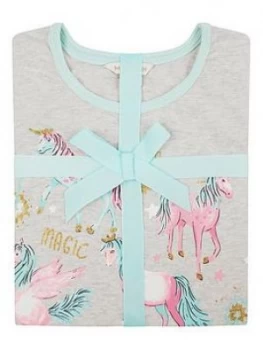 image of Monsoon Girls Organic Unicorn Jersey And Woven Pyjama Set - Oatmeal