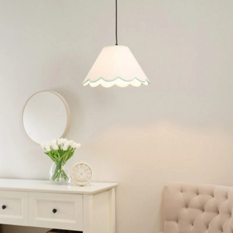 Image of ValueLights Florie Natural Linen Small Tapered Scallop Pastel Trim Lamp Shade & LED Bulb Green