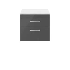 image of Nuie Athena 600 Wall Hung 2-drawer Vanity & Sparkling White Worktop - Gloss Grey