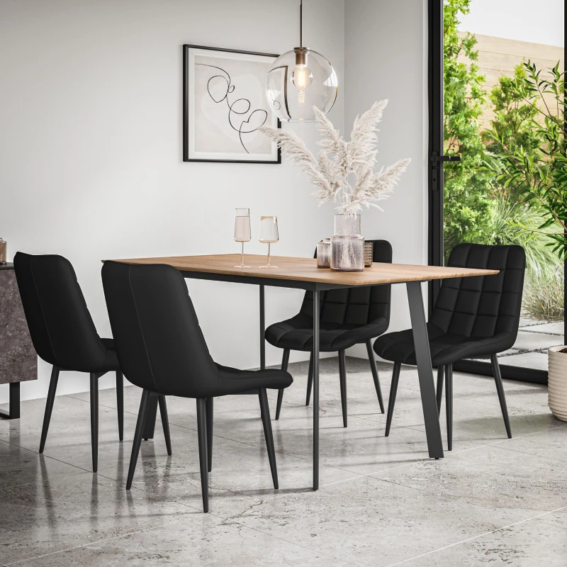 Image of More4Homes Haydon Extending Dining Table + Chairs- Oak Effect Table Top W Black Legs + Nova Faux Leather Dining Chair Set Of 4 (Black)