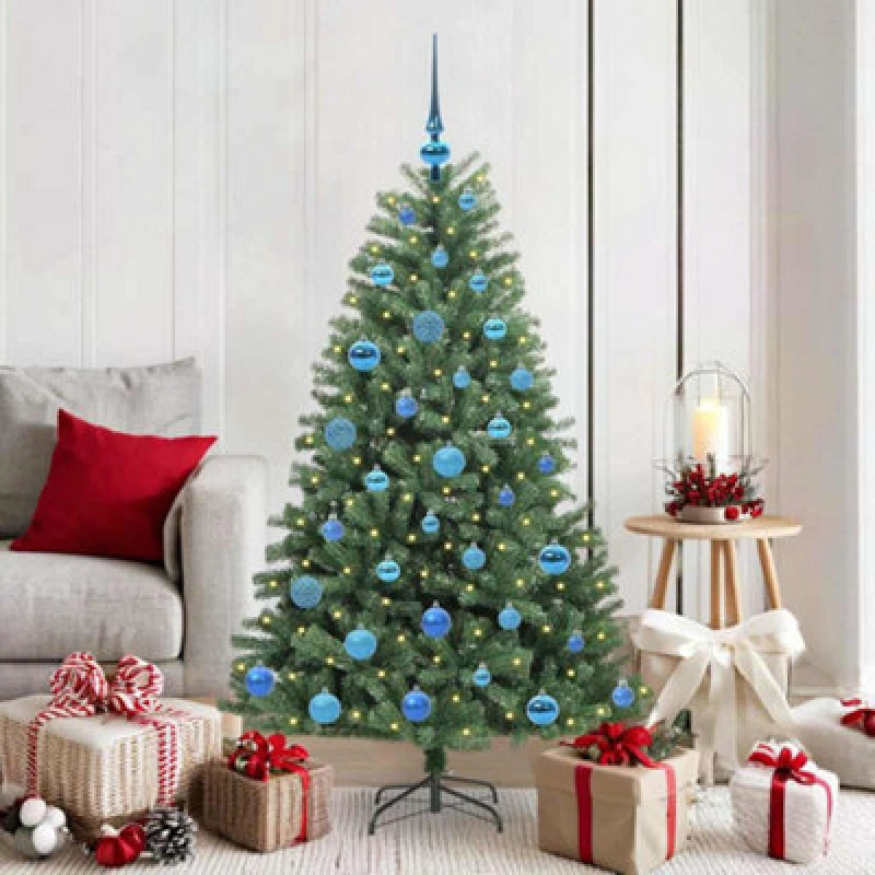 Image of vidaXL Artificial Hinged Christmas Tree Blue Balls Green 150cm PVC and Metal, Green 3395485