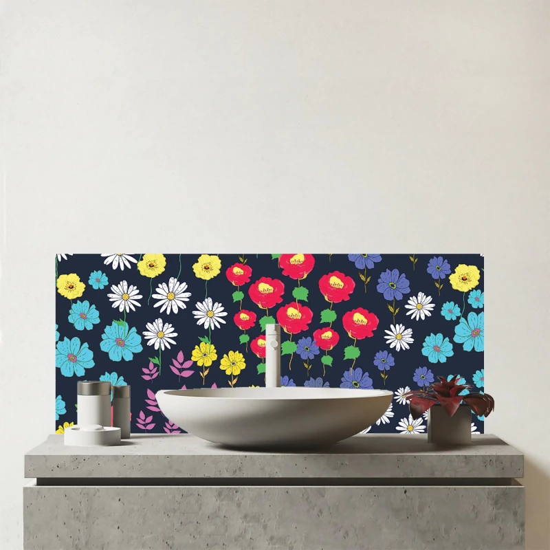 Image of Warren Reed - Designer Multicoloured Flower Pattern Glass Bathroom Splashback in Red Red Unisex