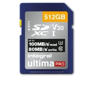 Image of Integral 512GB SD Card SDXC UHS-1 U3 Cl10 V30 Up To R-100 W-80 Mbs