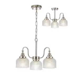 image of DeRuyter Semi Flush, Ceiling Pendant, 3 Light E27, Polished Nickel, Prismatic Glass