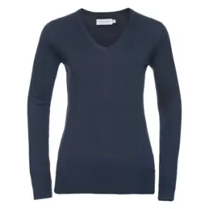 Image of Russell Collection Ladies/Womens V-Neck Knitted Pullover Sweatshirt (4XL) (French Navy)