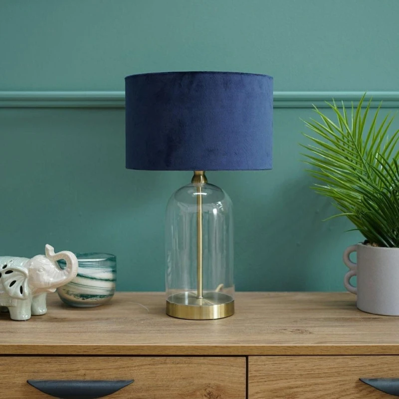 Image of ValueLights ValueLights Jessy Gold Glass Table Lamp With Navy Blue Velvet Shade Gold One Size Unisex 5059406038273