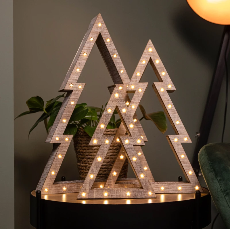 Image of Set of 3 Battery Operated Light up Wooden Christmas Trees with Warm White LEDs