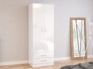 image of Birlea Lynx White High Gloss 2 Door 2 Drawer Double Wardrobe Flat Packed