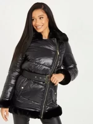 image of Quiz Padded Faux Fur Jacket, Black, Size 14, Women