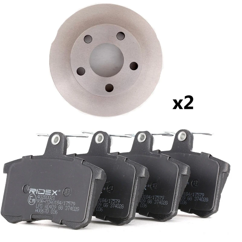 Image of RIDEX 3405B3401 Brake disc and pads set Rear Axle, Brake Disc Type: Solid, excl. wear warning contact, with anti-squeak plate Brake Set,disc brakes (