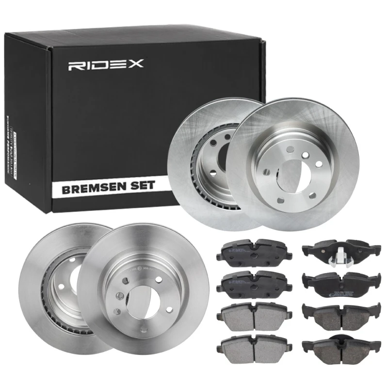 Image of RIDEX 3405B1729 Brake disc and pads set without accessories, Rear Axle, Brake Disc Type: Vented, prepared for wear warning indicator, with piston clip