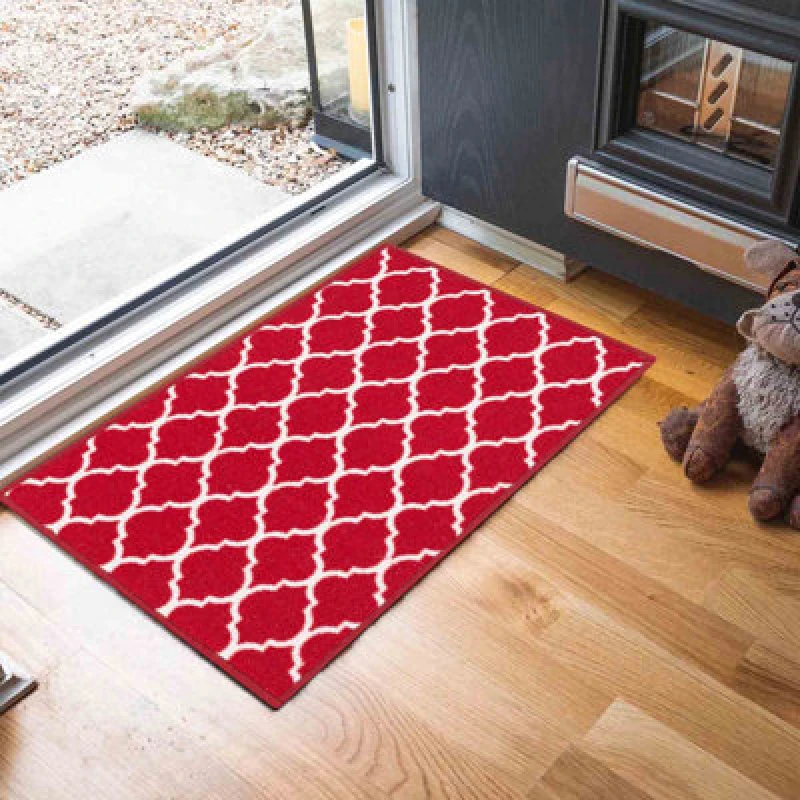 Image of Machine Washable Trellis Design Anti Slip Doormats Red 40X60 Cm