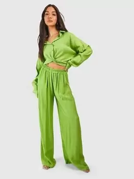 Image of Boohoo Crinkle Relaxed Wide Leg Trousers - Chartreuse, Green, Size 10, Women