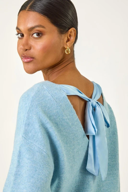 Image of Roman Womens Ribbon Bow Tie Back Jumper in Blue Size: 14 Blue Female 14