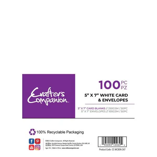 image of Crafter's Companion 5" x 7" Card Blanks & Envelopes White 250 GSM Pack of 50