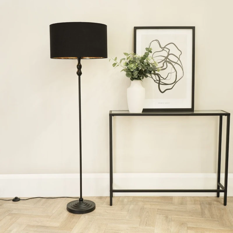 Image of ValueLights Maggie Black Metal Candlestick Floor Lamp with Black and Metallic Gold Shade Black