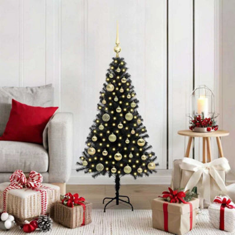 Image of vidaXL Christmas Tree with 150 LEDs, Gold Balls with Stand Black 120cm PVC, Black 3396460