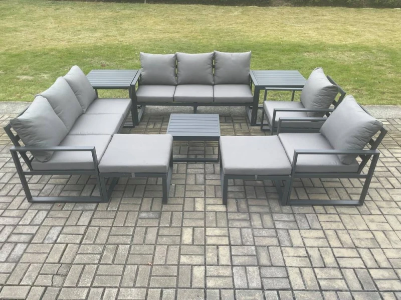 Image of Fimous Aluminium Patio Outdoor Garden Furniture Lounge Sofa Set with Square Coffee Table 2 Chairs 2 Side Tables 2 Big Footstool Dark Grey Dark Grey Un