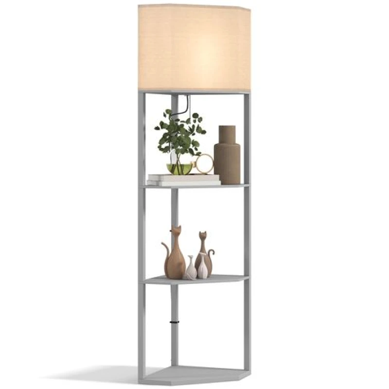 Image of HOMCOM HOMCOM Corner Floor Lamp with Shelves, Modern Standing Lamps for Living Room Bedroom in Light Grey Light Grey One Size Unisex 5061025036004