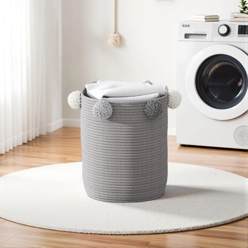 Image of Cottonfy UK Cotton Rope Laundry Basket with Pom-Poms Grey Grey M