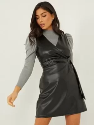 Image of Quiz Faux Leather Pinafore Dress, Black, Size 6, Women