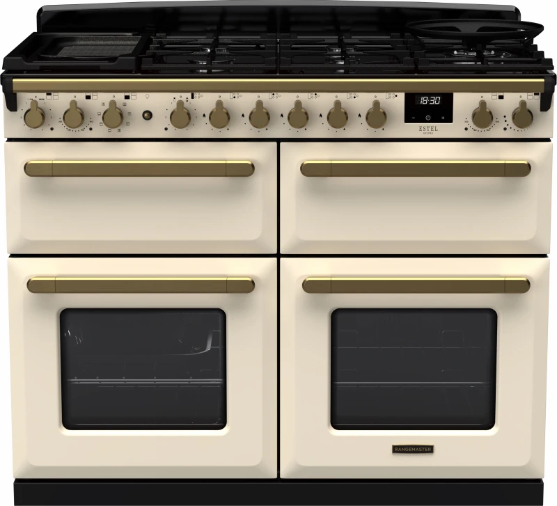 Image of Rangemaster Estel Deluxe ESDLB110DFPPCR/AB1 110cm wide Dual Fuel Range Cooker with Gas Hob - Cream / Antique Brass - A/A Rated