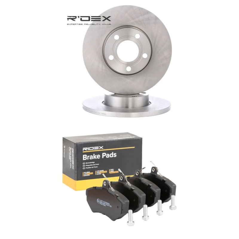 Image of RIDEX 3405B1979 Brake disc and pads set Photo corresponds to scope of supply, Front Axle, Brake Disc Type: Solid, without integrated wear sensor Brak