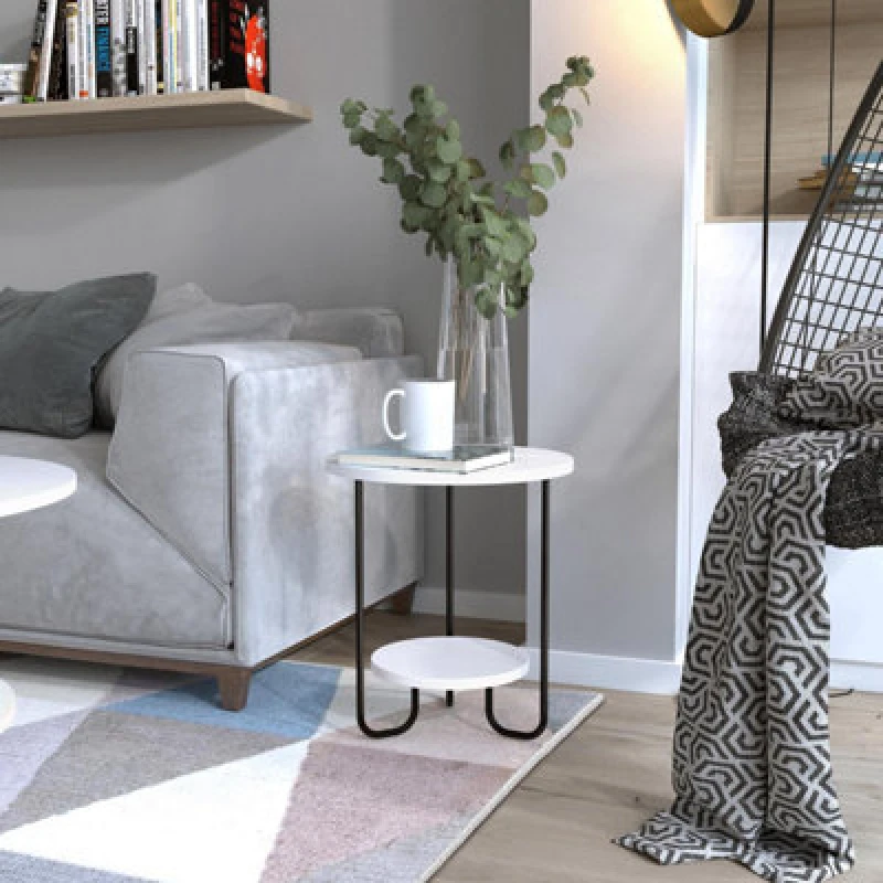 Image of FWStyle 2 Tier Side Table Black Metal Frame Scratch Resistant Painted White White