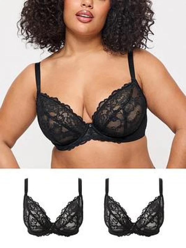 Image of Ann Summers Womens Sexy Lace Non Padded Fuller Bust Plunge Bra 2 Pack in Black Size: 36DD Black Female 36DD