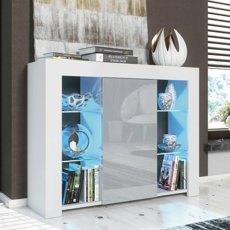 Image of Mex Furniture LTD Sideboard with LED Lighting & Gloss Doors / 97cm in Light Grey Light Grey Unisex