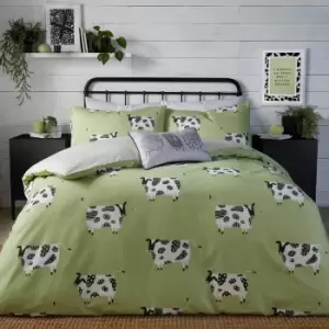 image of Fusion - Daisy Cow Print Easy Care Reversible Duvet Cover Set, Green, Double