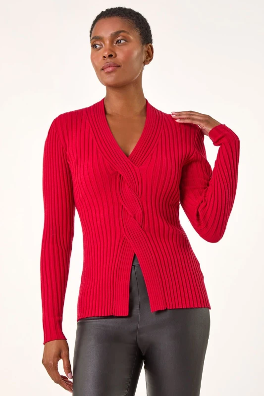 Image of Roman Womens Cable Split Detail Rib Jumper in Red Size: 20 Red Female 20