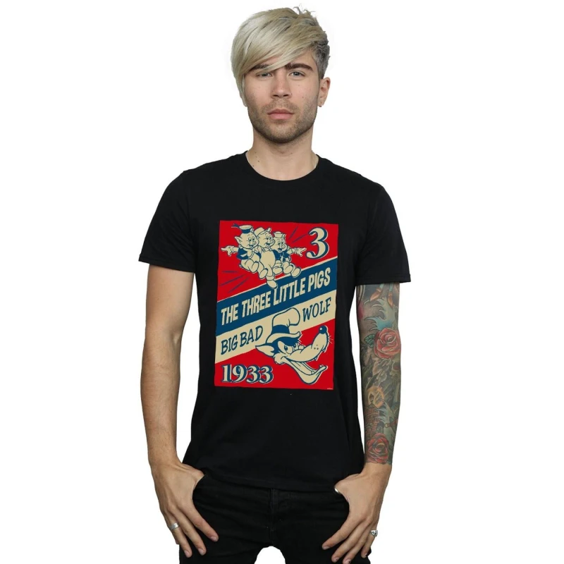 Image of Disney Men Three Little Pigs And The Big Bad Wolf T-Shirt in Black Size: Small Black S Male 5059308922281